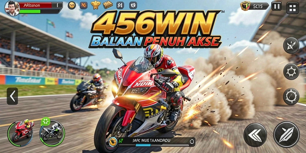 Screenshot utama gameplay 456WIN menampilkan aksi balapan motor yang seru.
