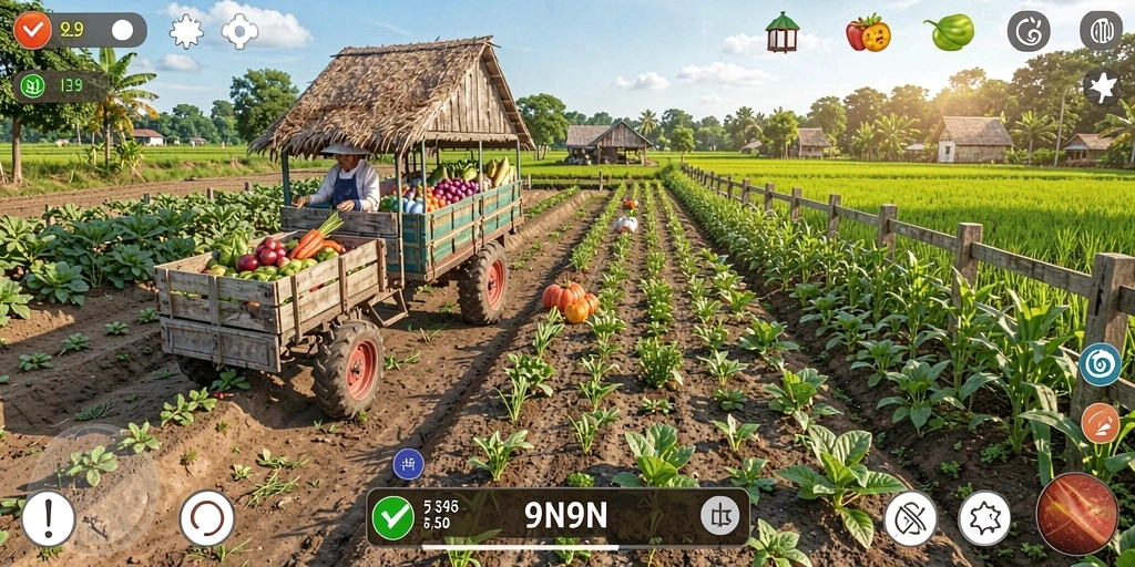 Screenshot gameplay 9N9N menunjukkan aktivitas bertani yang menyenangkan.