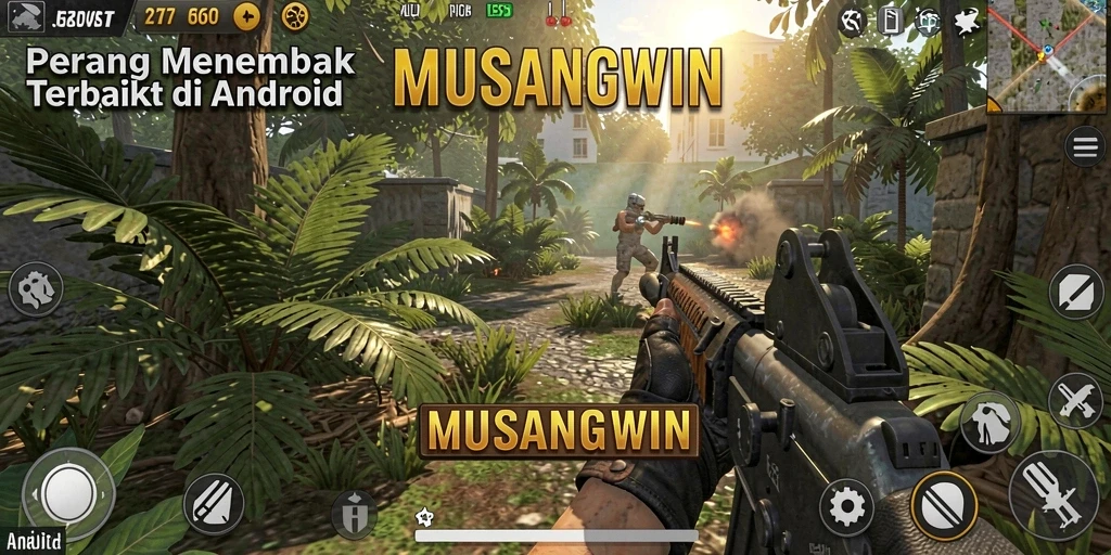 Screenshot dari gameplay intens MUSANGWIN dengan aksi FPS.