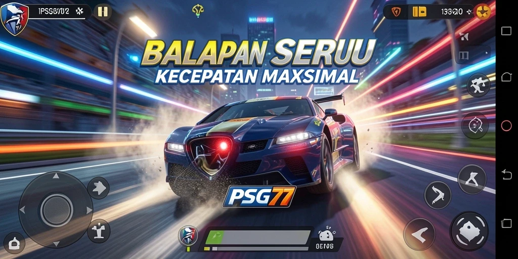Tampilan gameplay seru dalam <strong>PSG77</strong> dengan kendaraan balap yang beragam.