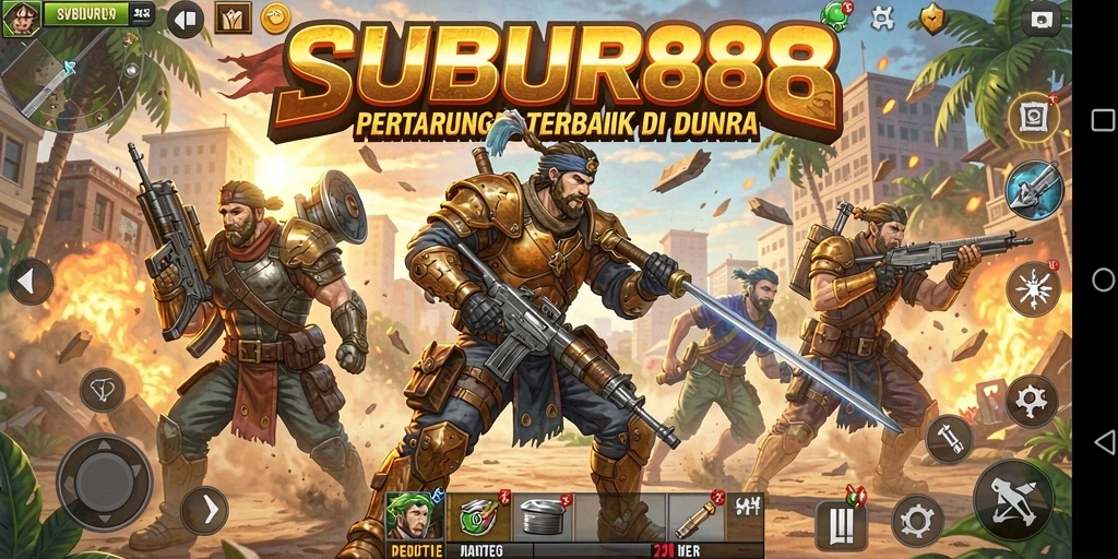Skrin utama SUBUR88 menampilkan aksi Battle Royale yang seru dan intens.