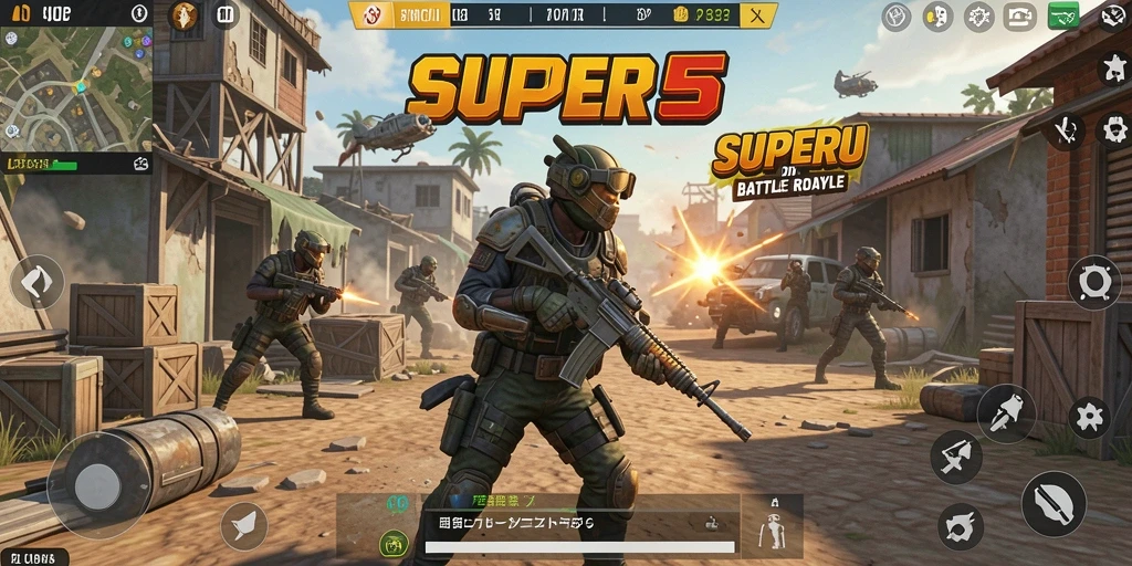 Screenshot gameplay SUPER5 menampilkan aksi luar biasa dalam pertempuran Battle Royale.