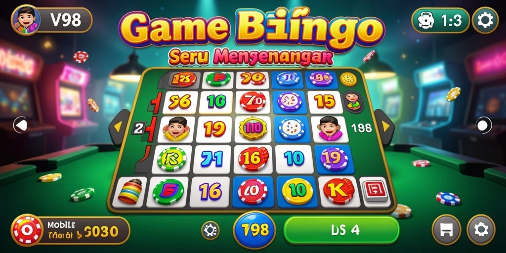 Tampilan gameplay Bingo menarik di V98 dengan desain ceria.